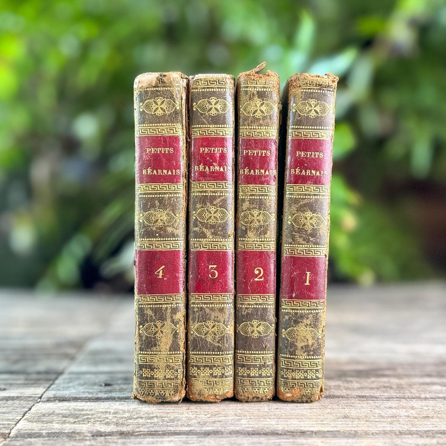 Antique Gold, Black, and Red French Leather Book Set of Les Petits Béarnais by Delafaye, 1824, 4 Volumes