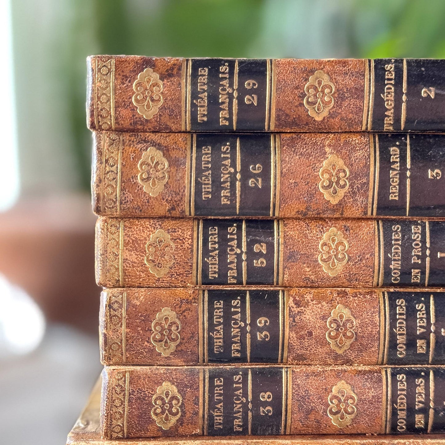 Antique French Leather Book Set, Répertoire Général du Théâtre Français, 67 Volumes