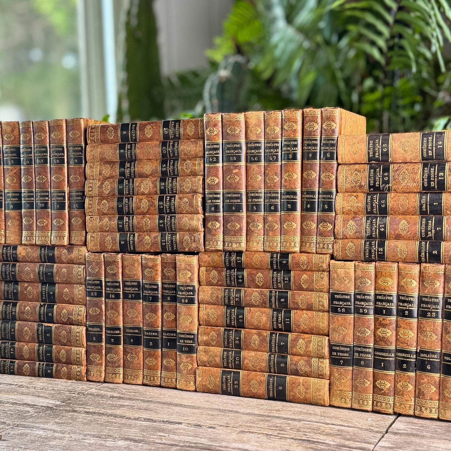 Antique French Leather Book Set, Répertoire Général du Théâtre Français, 67 Volumes