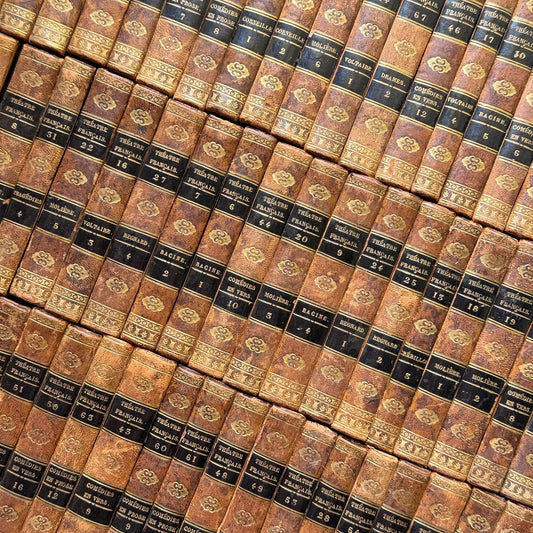 Antique French Leather Book Set, Répertoire Général du Théâtre Français, 67 Volumes