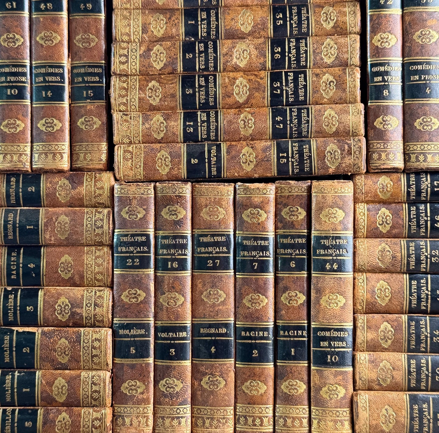 Antique French Leather Book Set, Répertoire Général du Théâtre Français, 67 Volumes