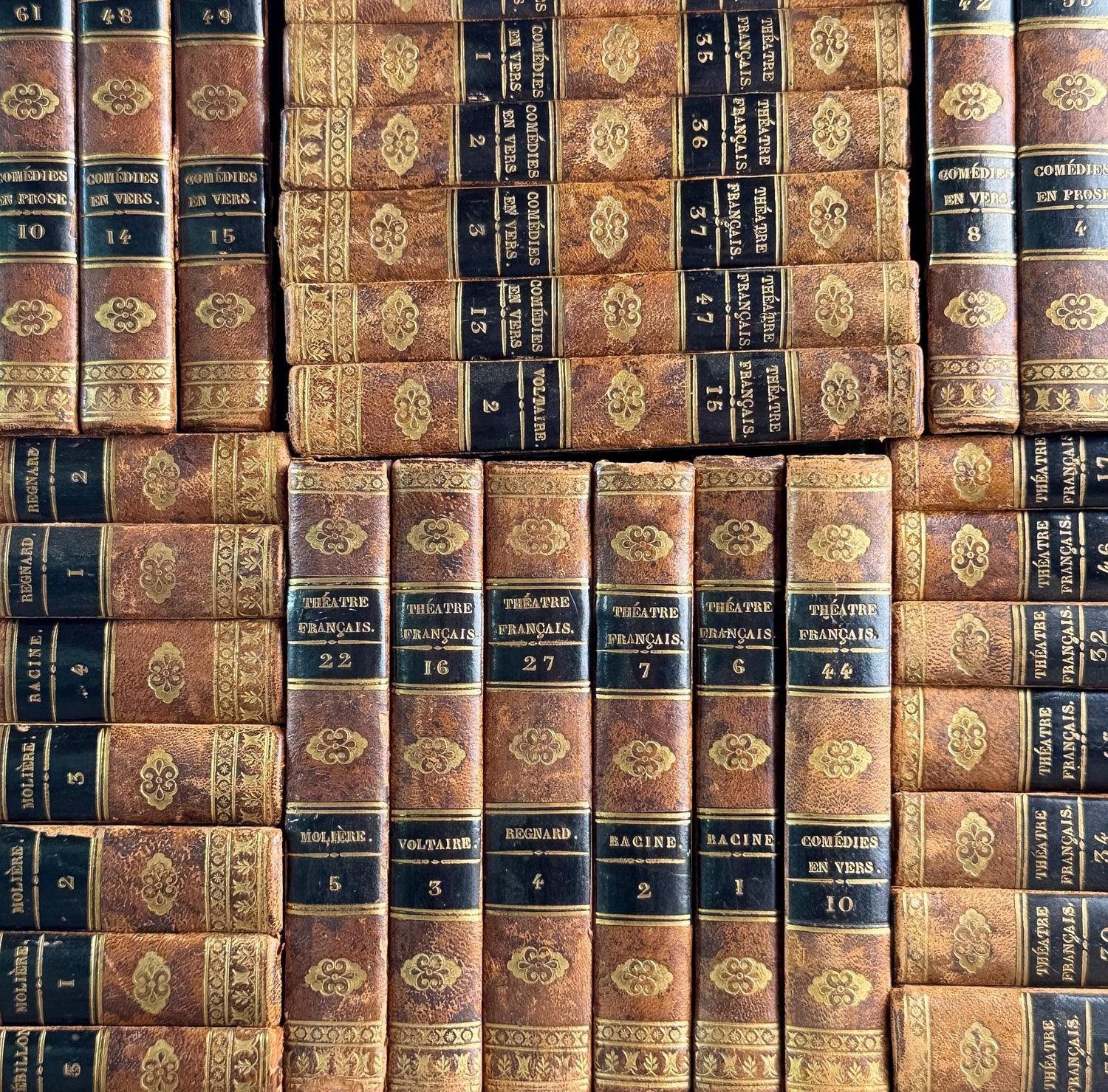 Antique French Leather Book Set, Répertoire Général du Théâtre Français, 67 Volumes