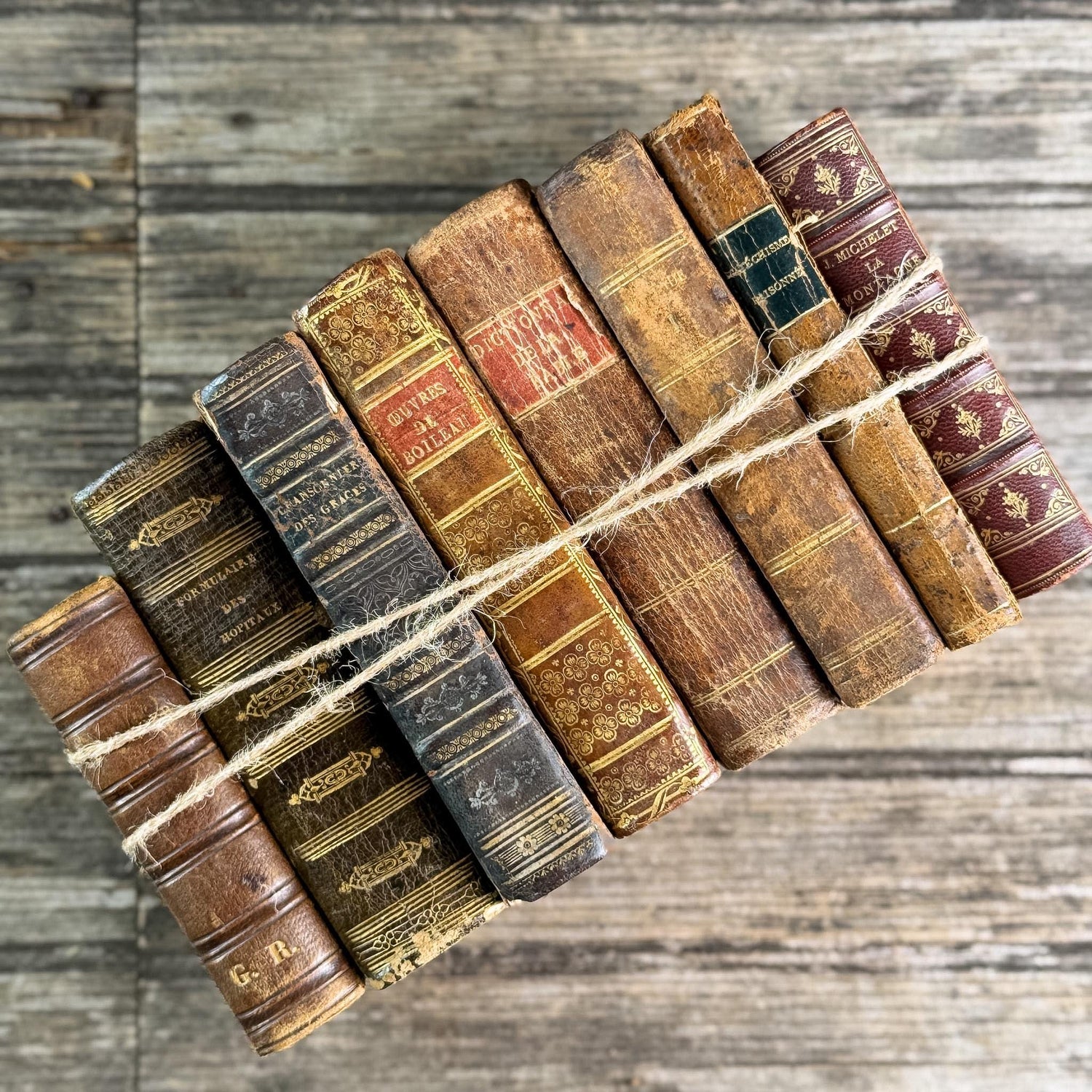 Set of 8 Tiny Shabby Antique French Leather Books