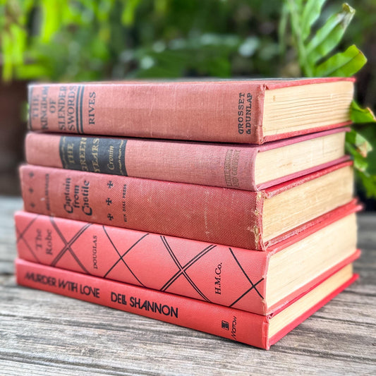 Coral Red and Pink Vintage Book Bundle for Shelf Styling