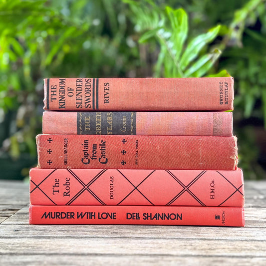 Coral Red and Pink Vintage Book Bundle for Shelf Styling