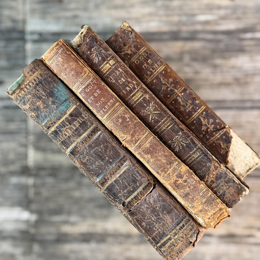 Small Shabby Antique French Book Set in Brown and Gold Leather