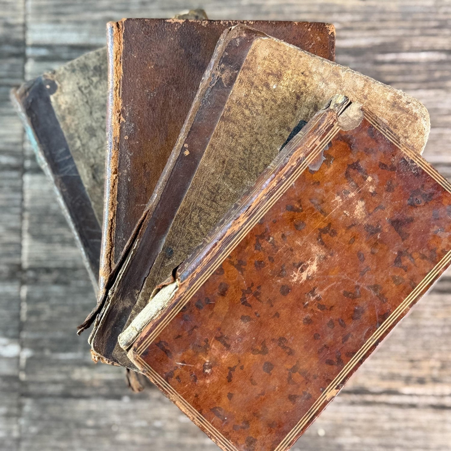 Small Shabby Antique French Book Set in Brown and Gold Leather