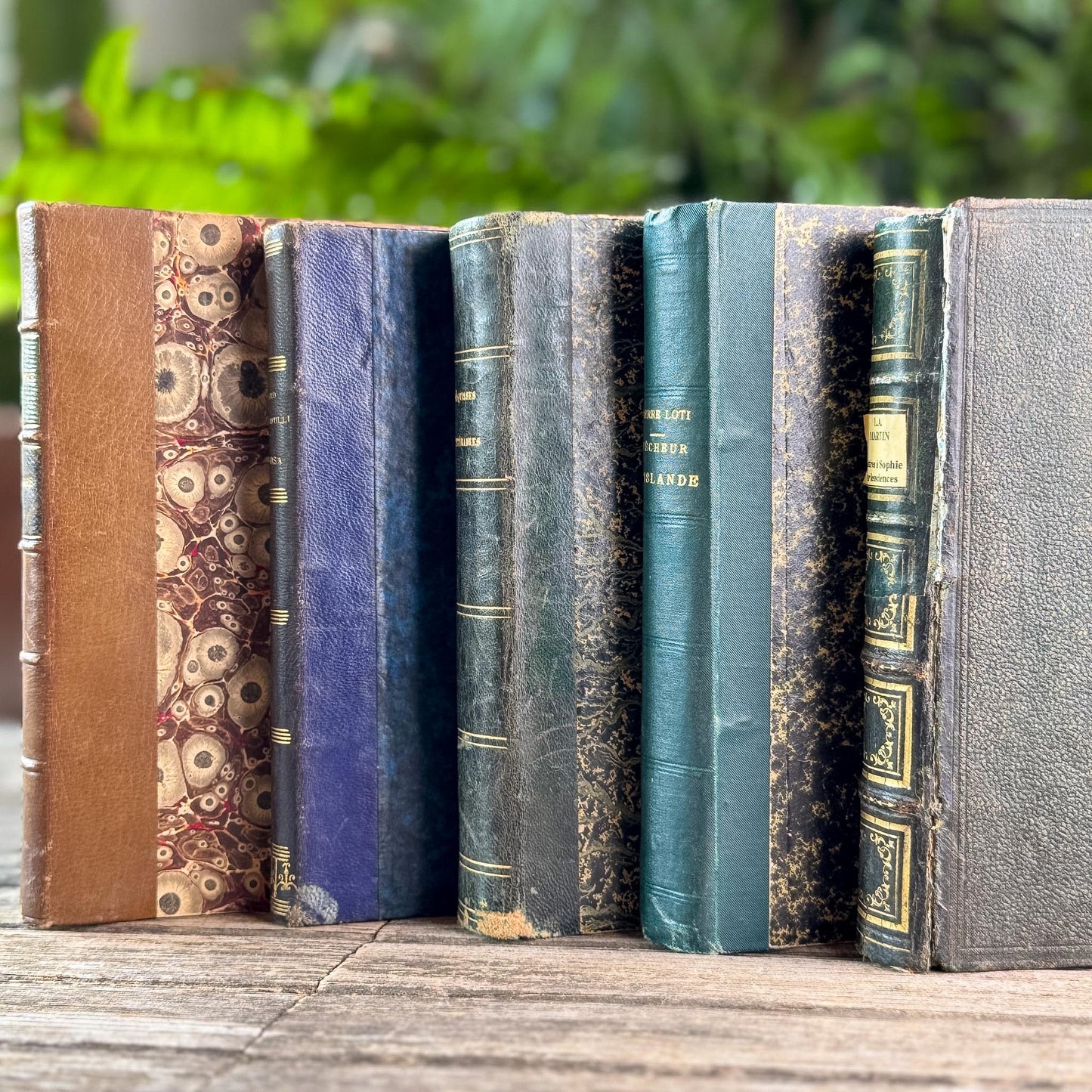 Antique Blue & Green French Leather-Bound Moody Book Bundle