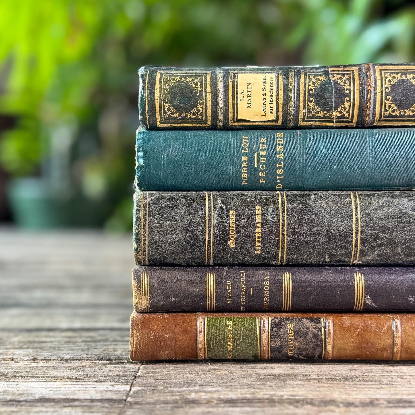 Antique Blue & Green French Leather-Bound Moody Book Bundle