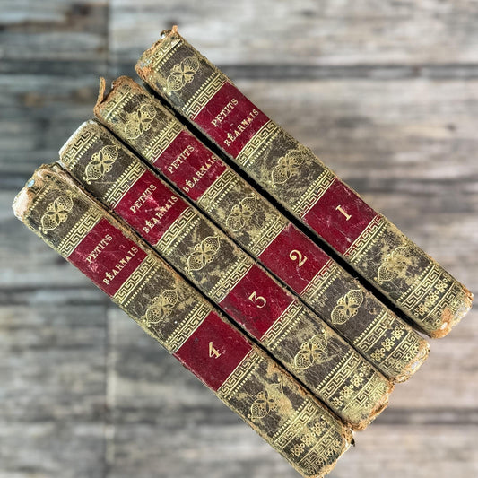 Antique Gold, Black, and Red French Leather Book Set of Les Petits Béarnais by Delafaye, 1824, 4 Volumes
