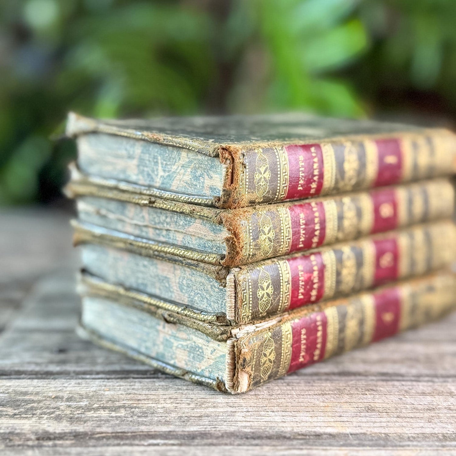 Antique Gold, Black, and Red French Leather Book Set of Les Petits Béarnais by Delafaye, 1824, 4 Volumes