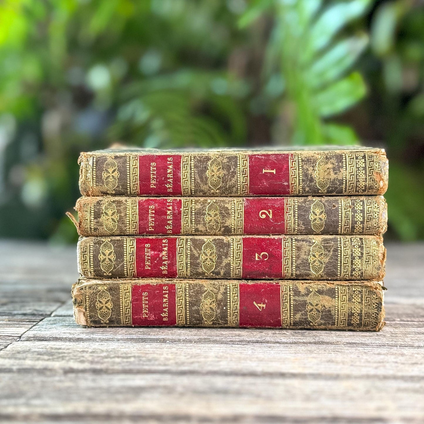 Antique Gold, Black, and Red French Leather Book Set of Les Petits Béarnais by Delafaye, 1824, 4 Volumes