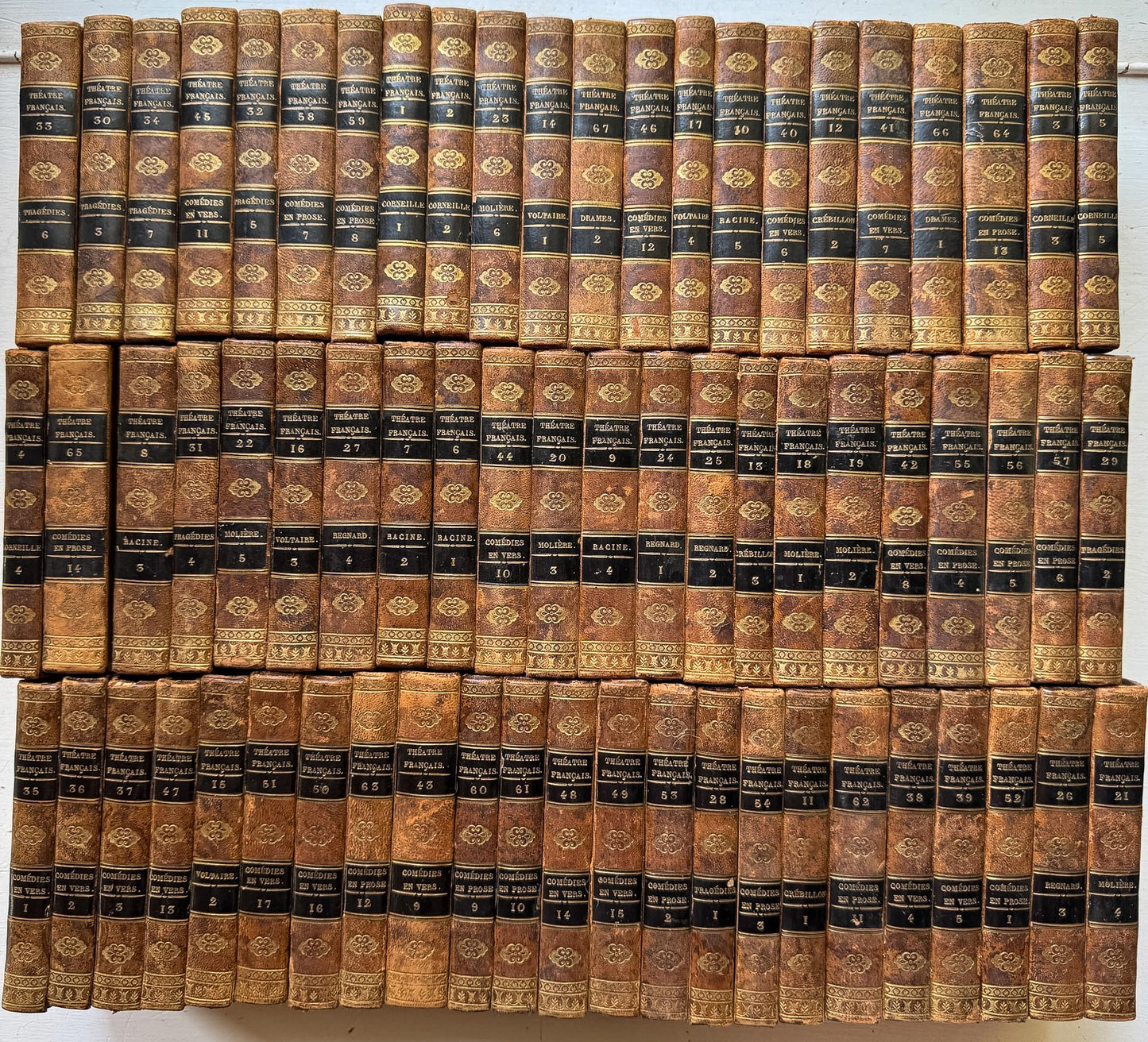 Antique French Leather Book Set, Répertoire Général du Théâtre Français, 67 Volumes