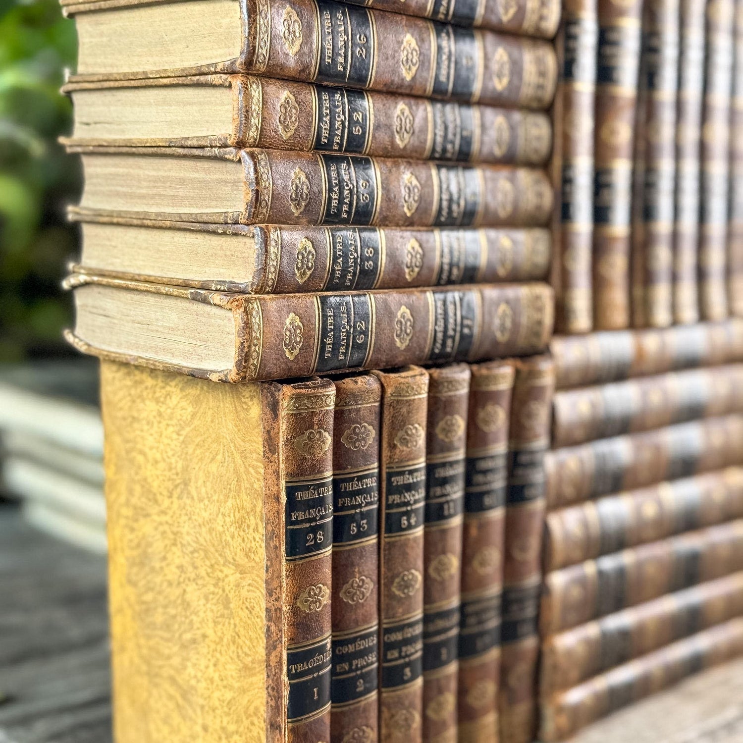 Antique French Leather Book Set, Répertoire Général du Théâtre Français, 67 Volumes