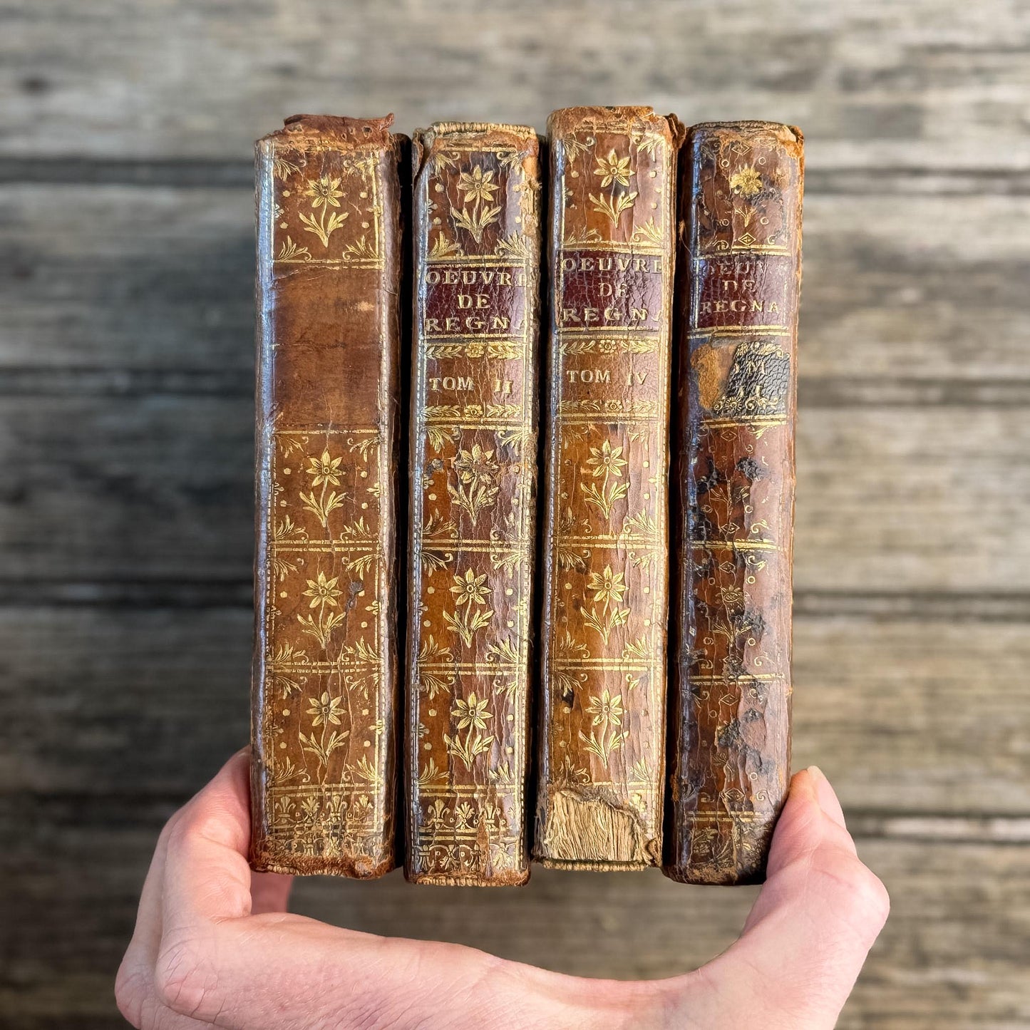 18th Century French Leather Book Set, 1750 - Œuvres de Regnard, Volumes I-IV, Gilt Calf, 4 Volumes