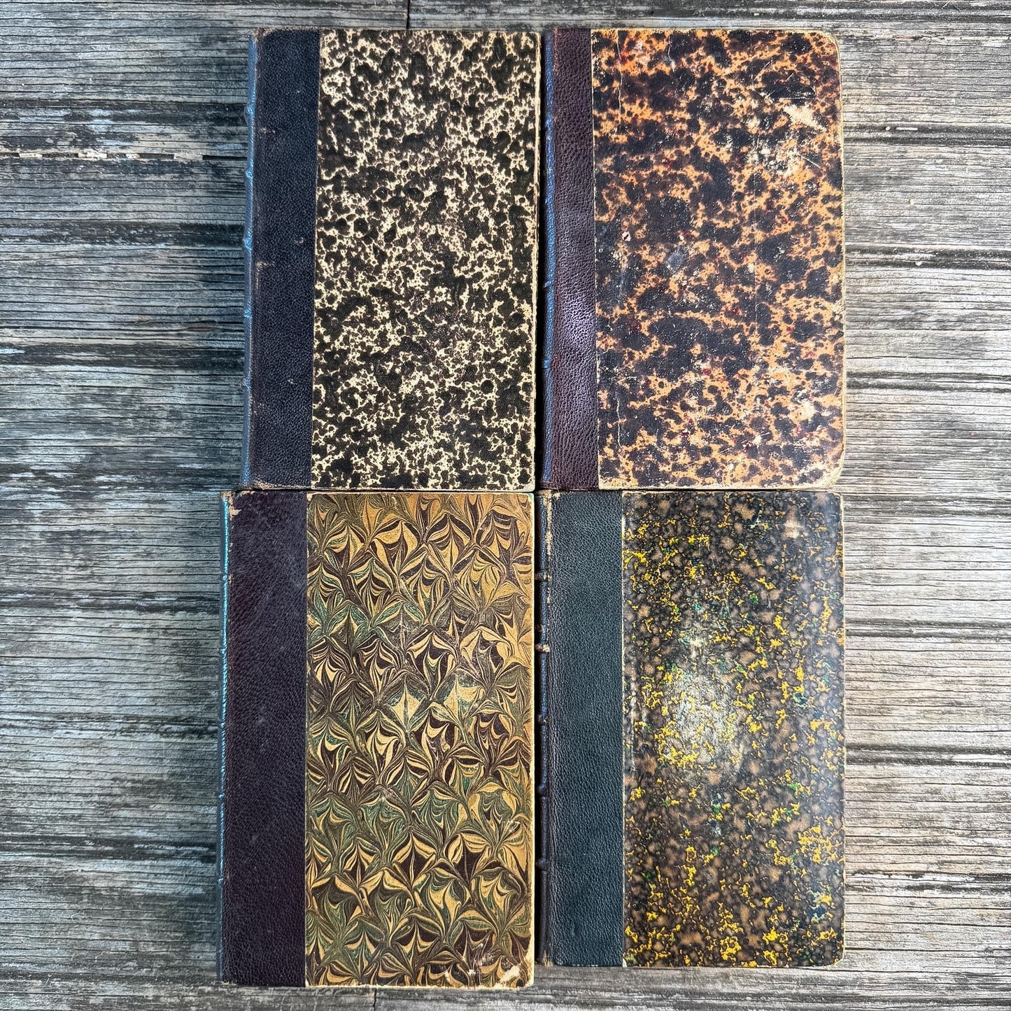 Antique French Half Leather Book Set in Brown and Oxblood with Marbled Boards