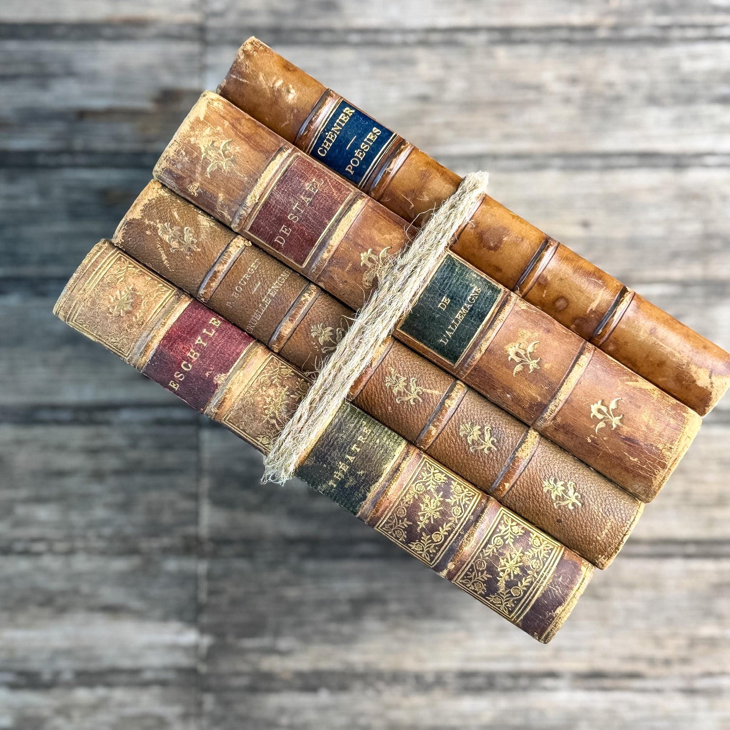 Antique French Leather Book Set with Aeschylus, Madame de Staël, Chénier, Bourget, Caramel & Tan with Marbled Boards