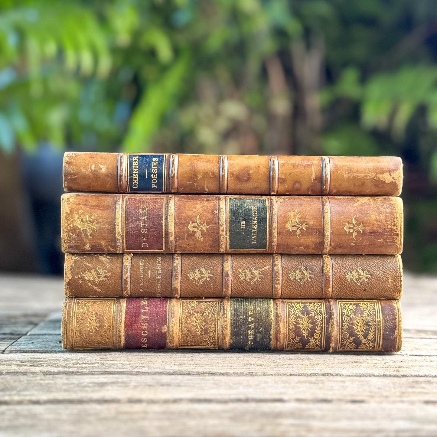 Antique French Leather Book Set with Aeschylus, Madame de Staël, Chénier, Bourget, Caramel & Tan with Marbled Boards
