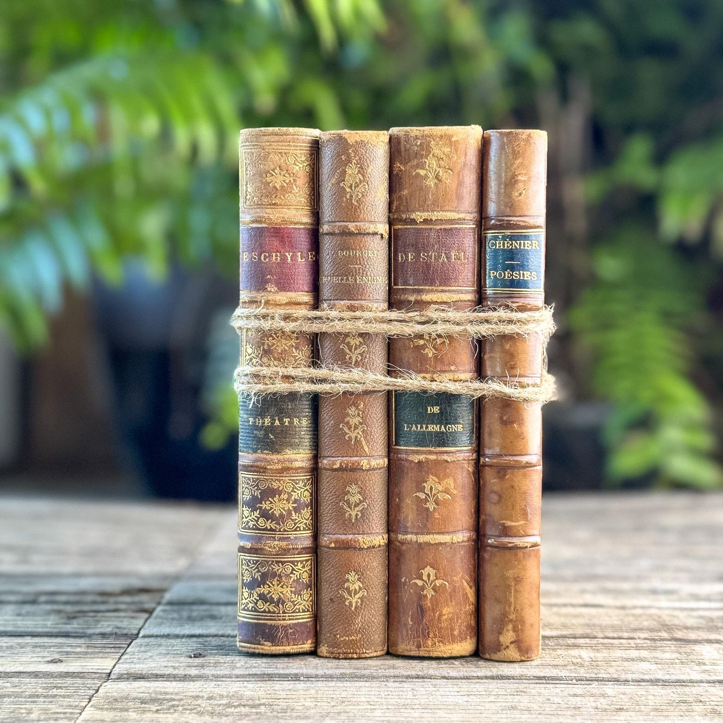 Antique French Leather Book Set with Aeschylus, Madame de Staël, Chénier, Bourget, Caramel & Tan with Marbled Boards