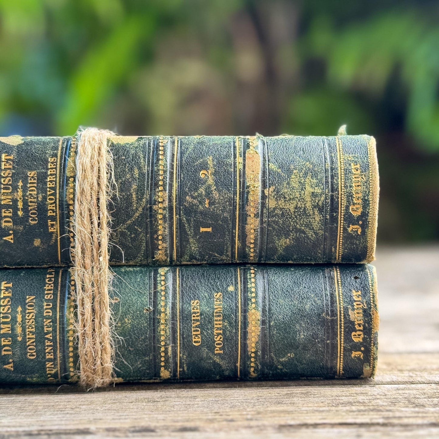 French Antique Alfred de Musset Book Set, 1863-1864, Dark Green Half Leather with Gilt Spines