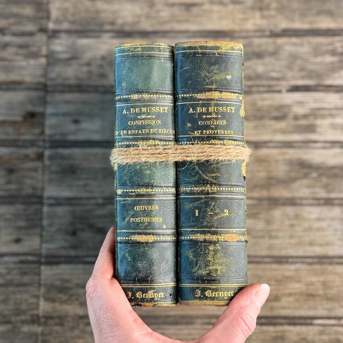 French Antique Alfred de Musset Book Set, 1863-1864, Dark Green Half Leather with Gilt Spines