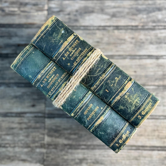 French Antique Alfred de Musset Book Set, 1863-1864, Dark Green Half Leather with Gilt Spines