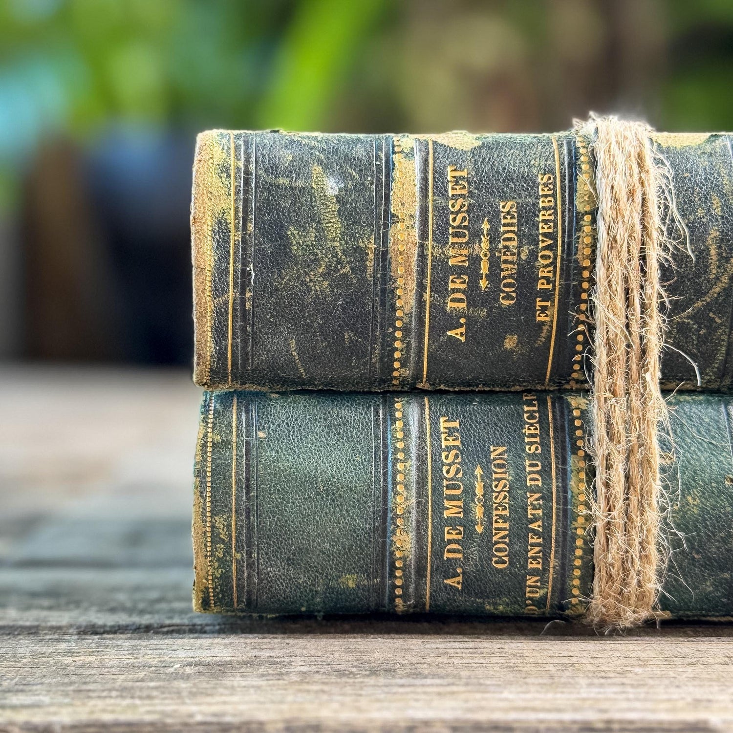 French Antique Alfred de Musset Book Set, 1863-1864, Dark Green Half Leather with Gilt Spines
