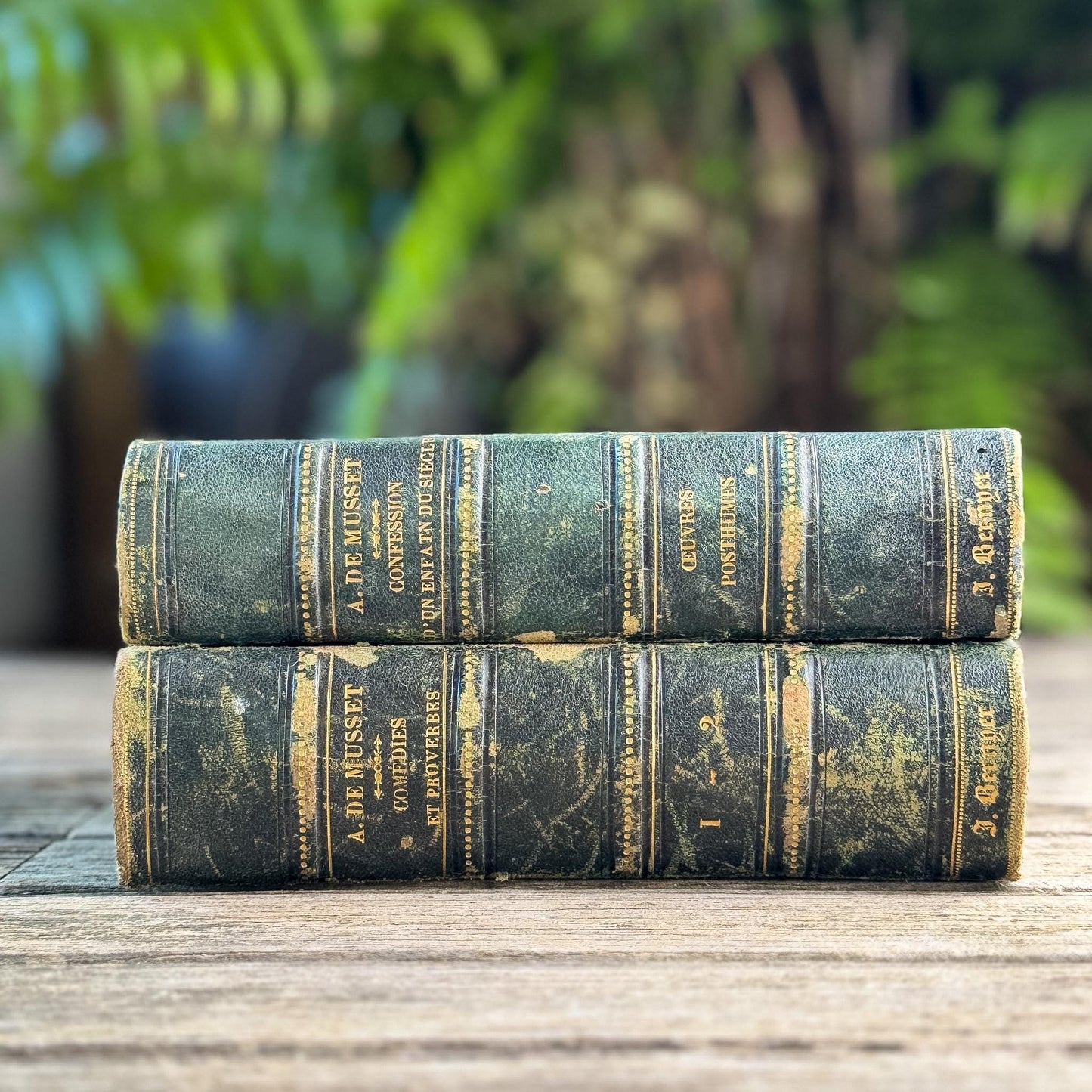 French Antique Alfred de Musset Book Set, 1863-1864, Dark Green Half Leather with Gilt Spines
