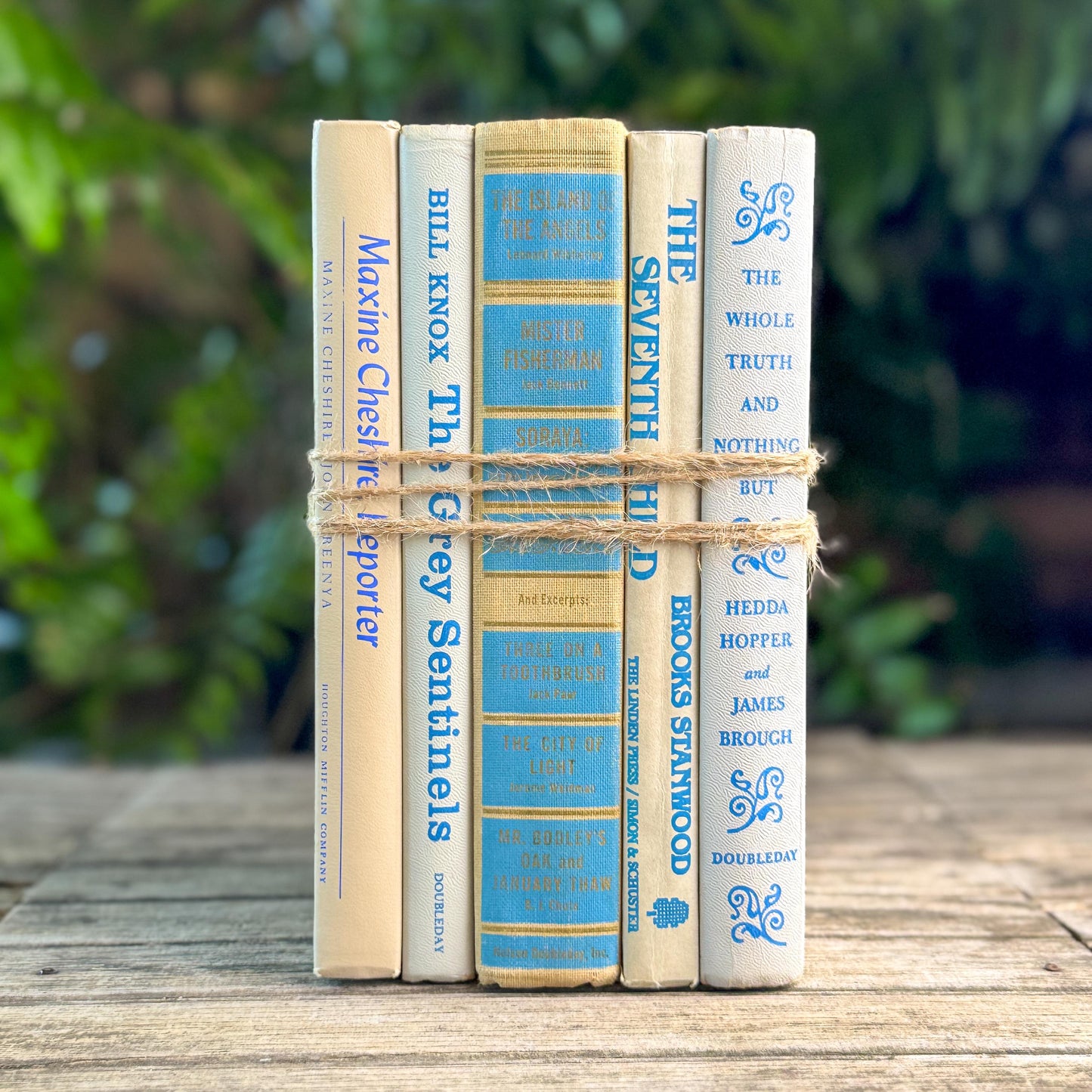 Vintage Tan, Gray, and Blue Book Set for Feminine Mid Century Shelf Styling