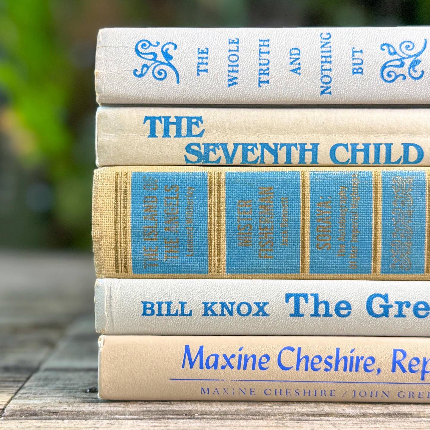 Vintage Tan, Gray, and Blue Book Set for Feminine Mid Century Shelf Styling