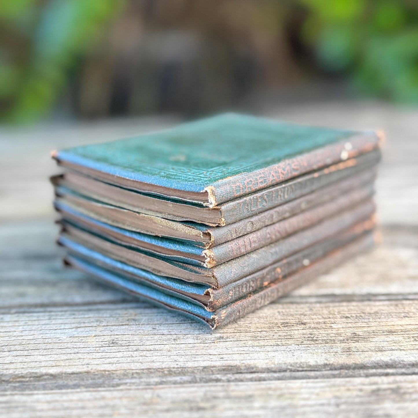 Tiny Antique Green Little Leather Library Book Set of 7