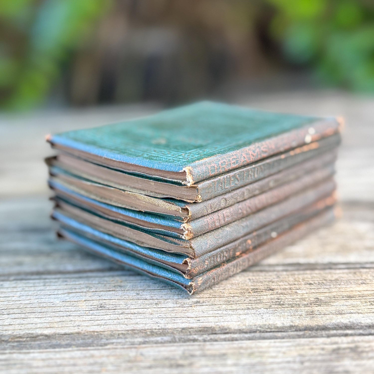 Tiny Antique Green Little Leather Library Book Set of 7