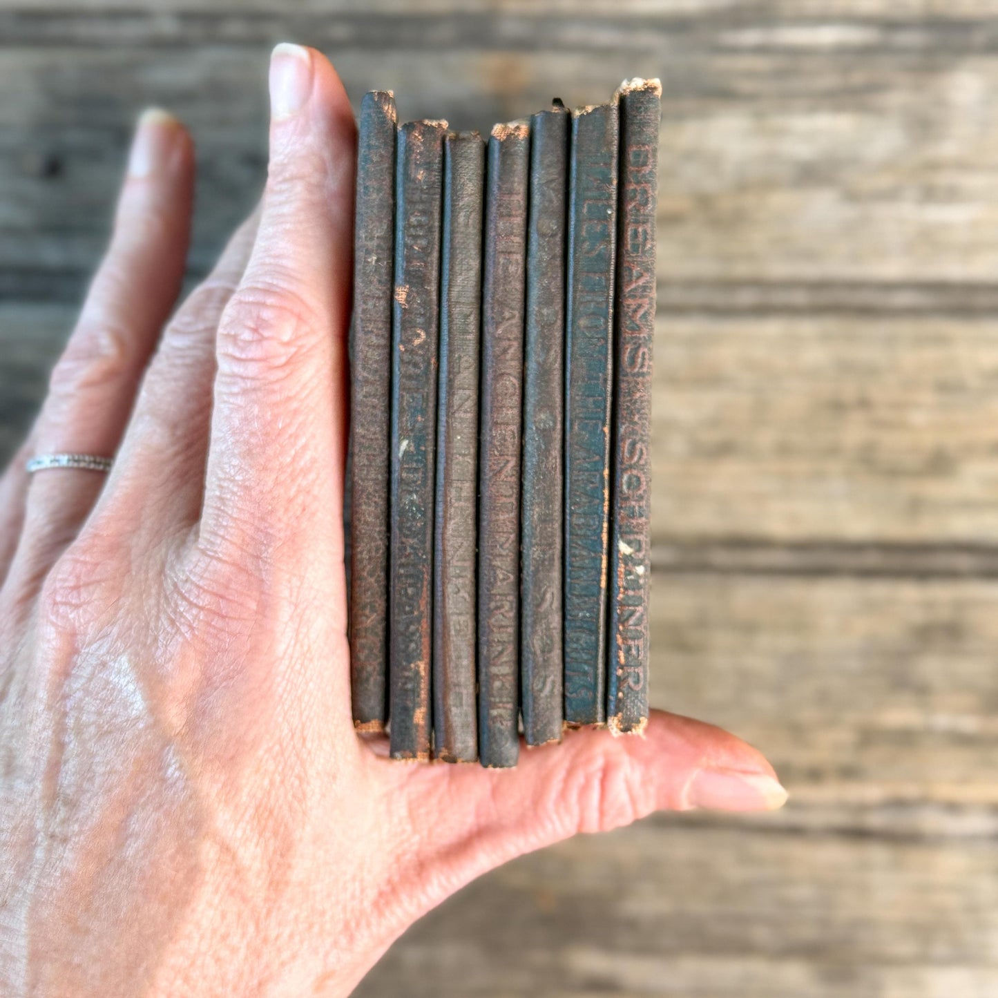 Tiny Antique Green Little Leather Library Book Set of 7