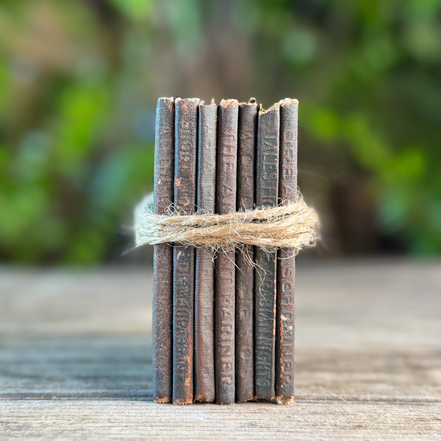 Tiny Antique Green Little Leather Library Book Set of 7