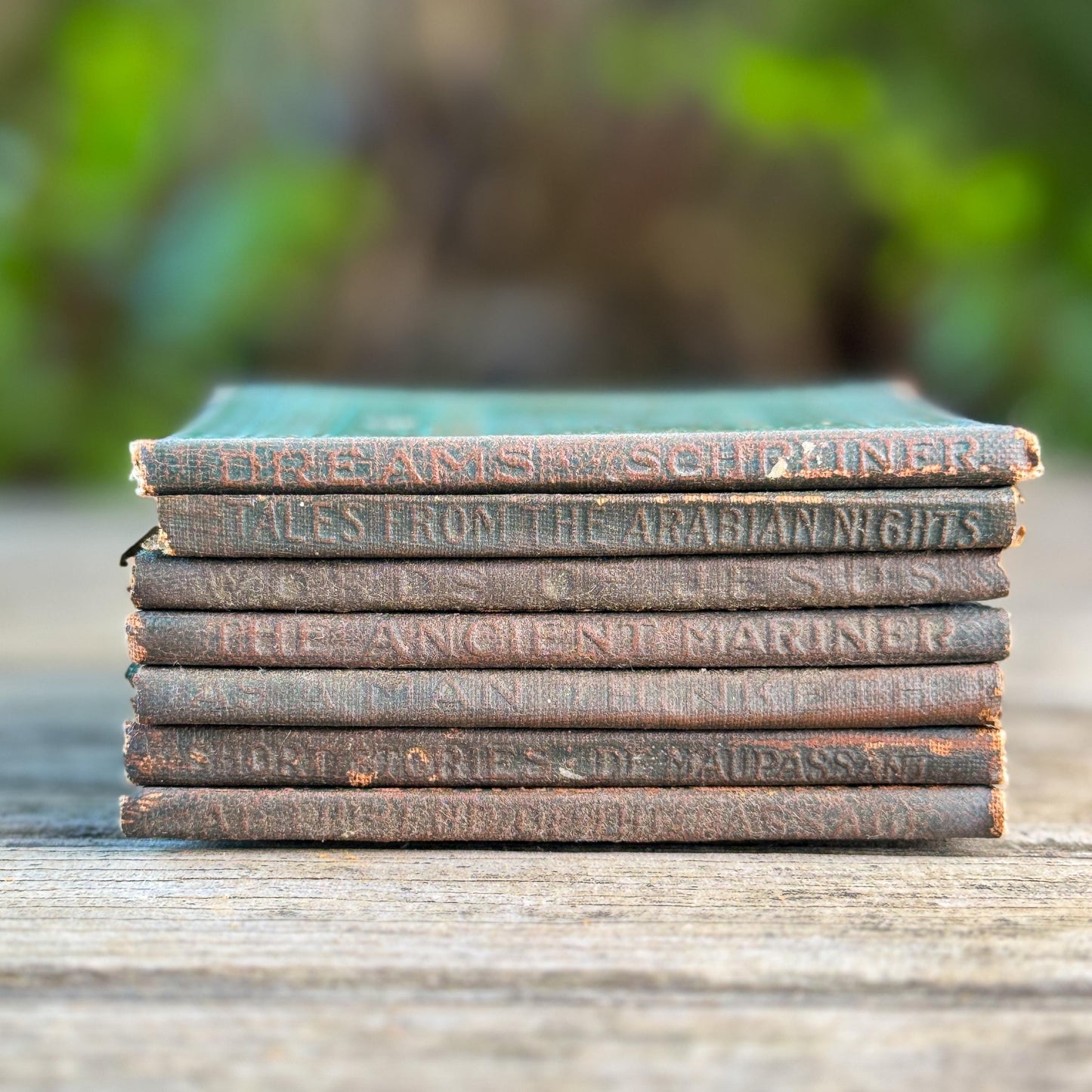 Tiny Antique Green Little Leather Library Book Set of 7