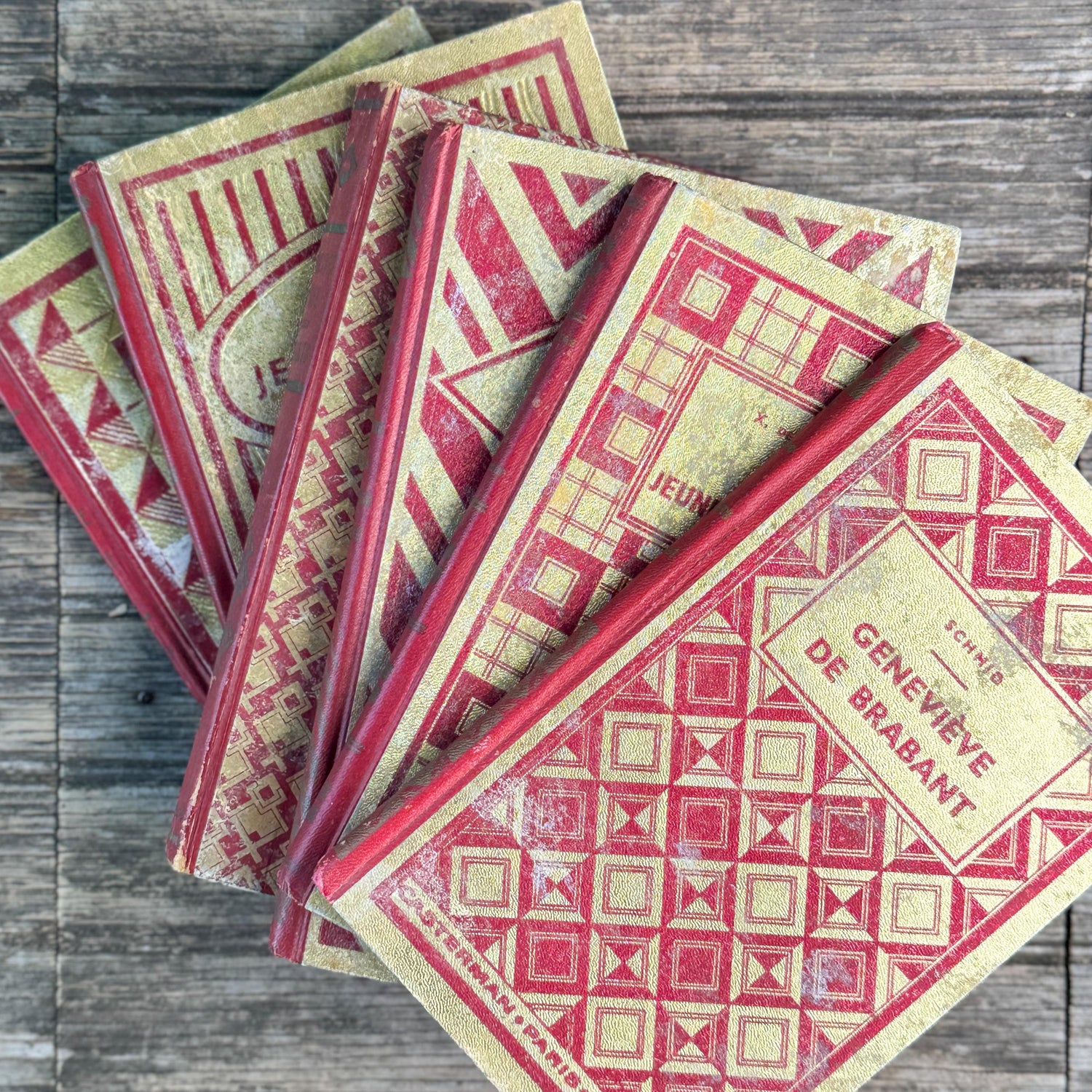 Vintage French Art Deco Book Set, Red and Gold Geometric Casterman Covers