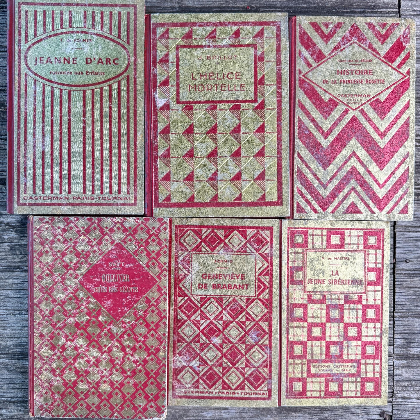 Vintage French Art Deco Book Set, Red and Gold Geometric Casterman Covers