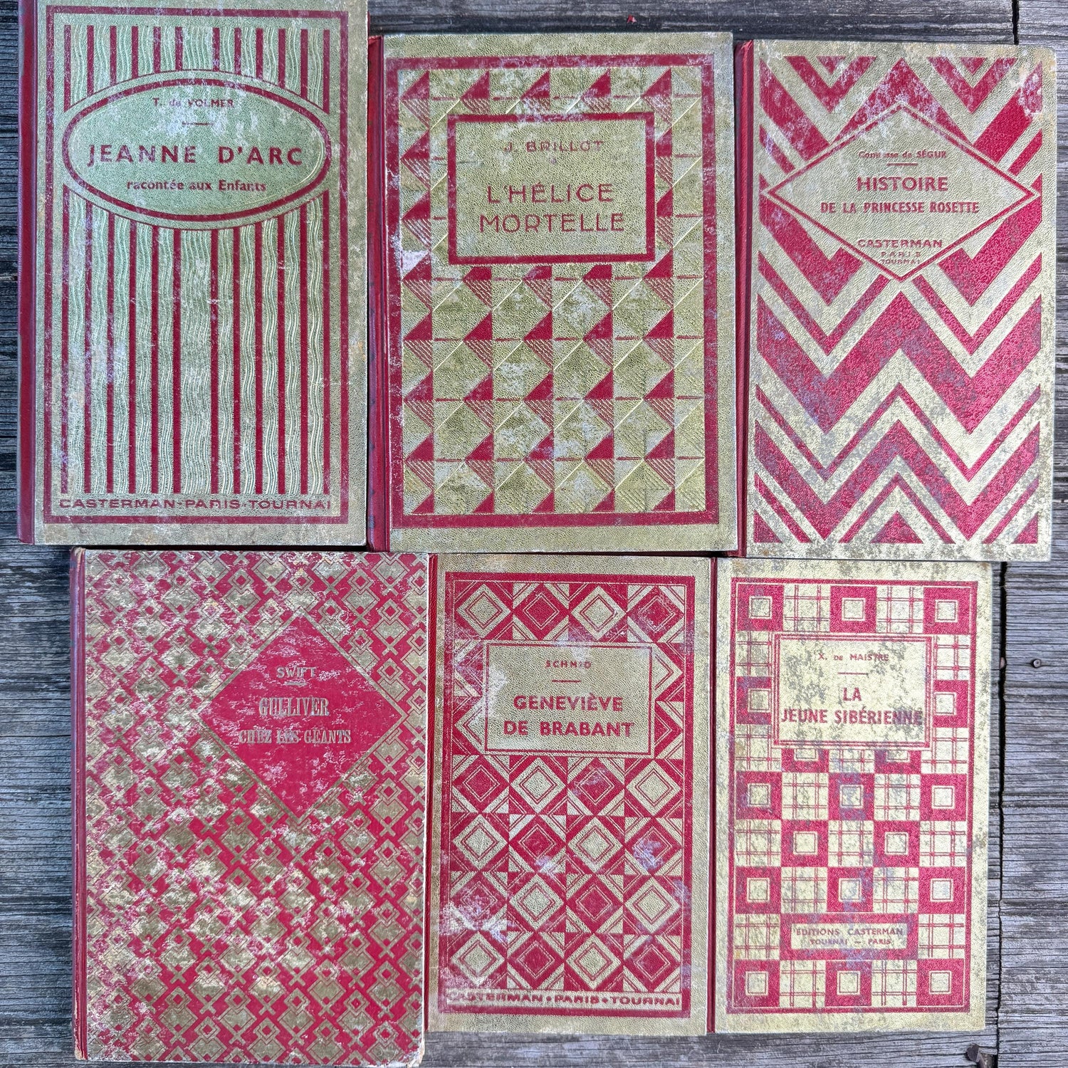 Vintage French Art Deco Book Set, Red and Gold Geometric Casterman Covers