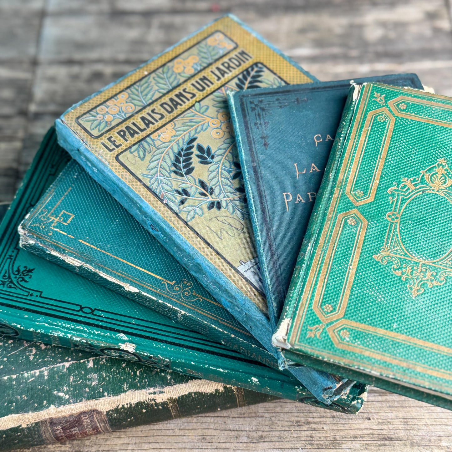 Shabby Antique French Green Book Set, 1822-1874, Seine Map