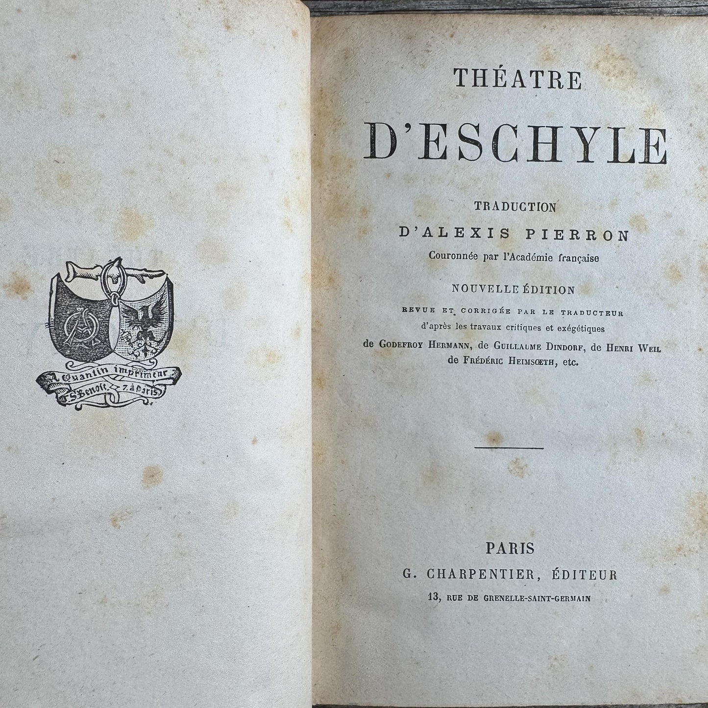 Antique French Leather Book Set with Aeschylus, Madame de Staël, Chénier, Bourget, Caramel & Tan with Marbled Boards