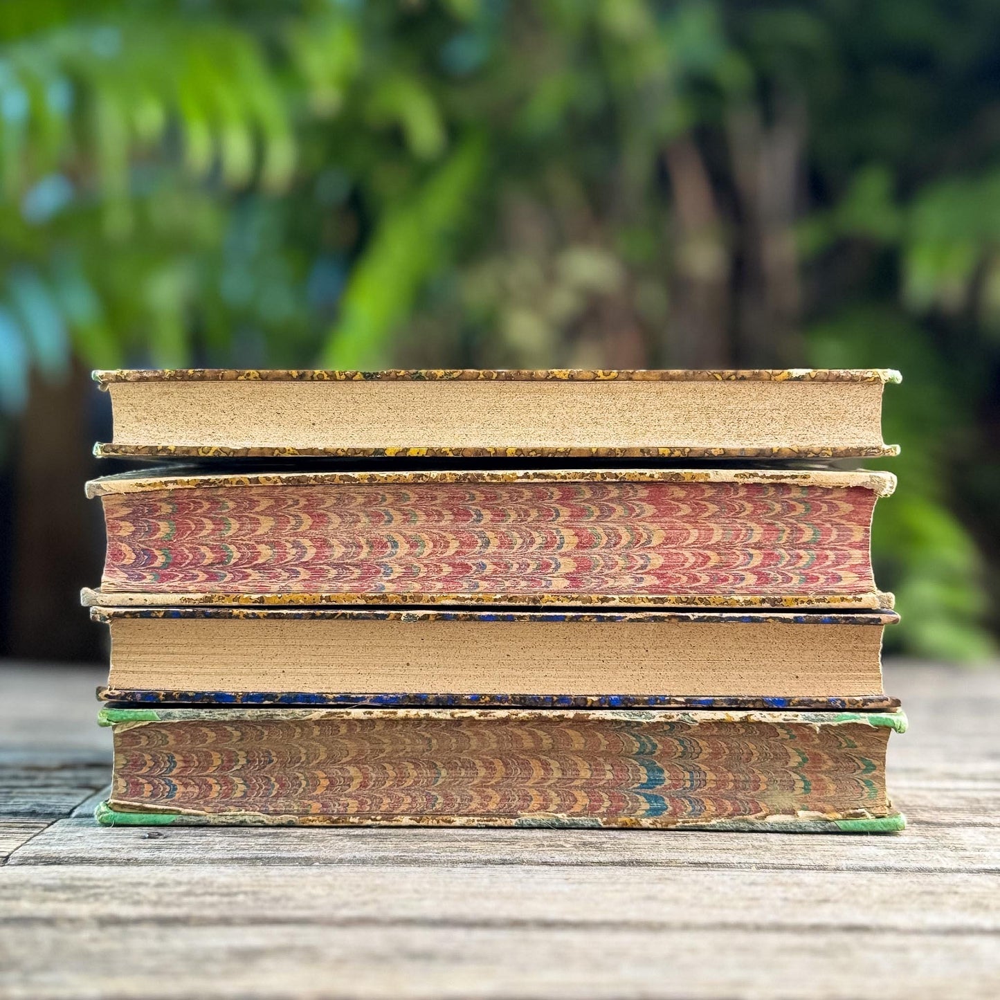 Antique French Leather Book Set with Aeschylus, Madame de Staël, Chénier, Bourget, Caramel & Tan with Marbled Boards