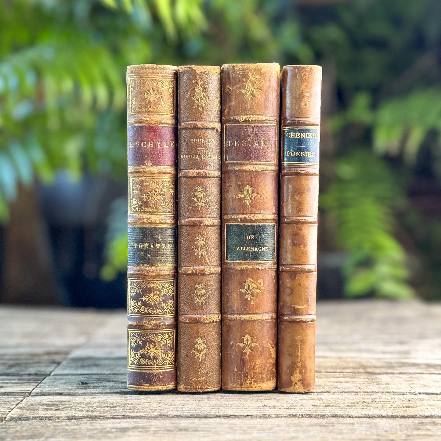 Antique French Leather Book Set with Aeschylus, Madame de Staël, Chénier, Bourget, Caramel & Tan with Marbled Boards