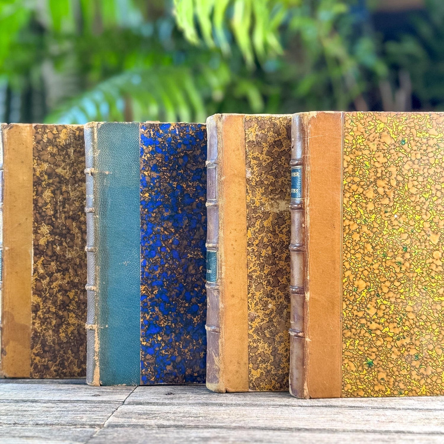 Antique French Leather Book Set with Aeschylus, Madame de Staël, Chénier, Bourget, Caramel & Tan with Marbled Boards