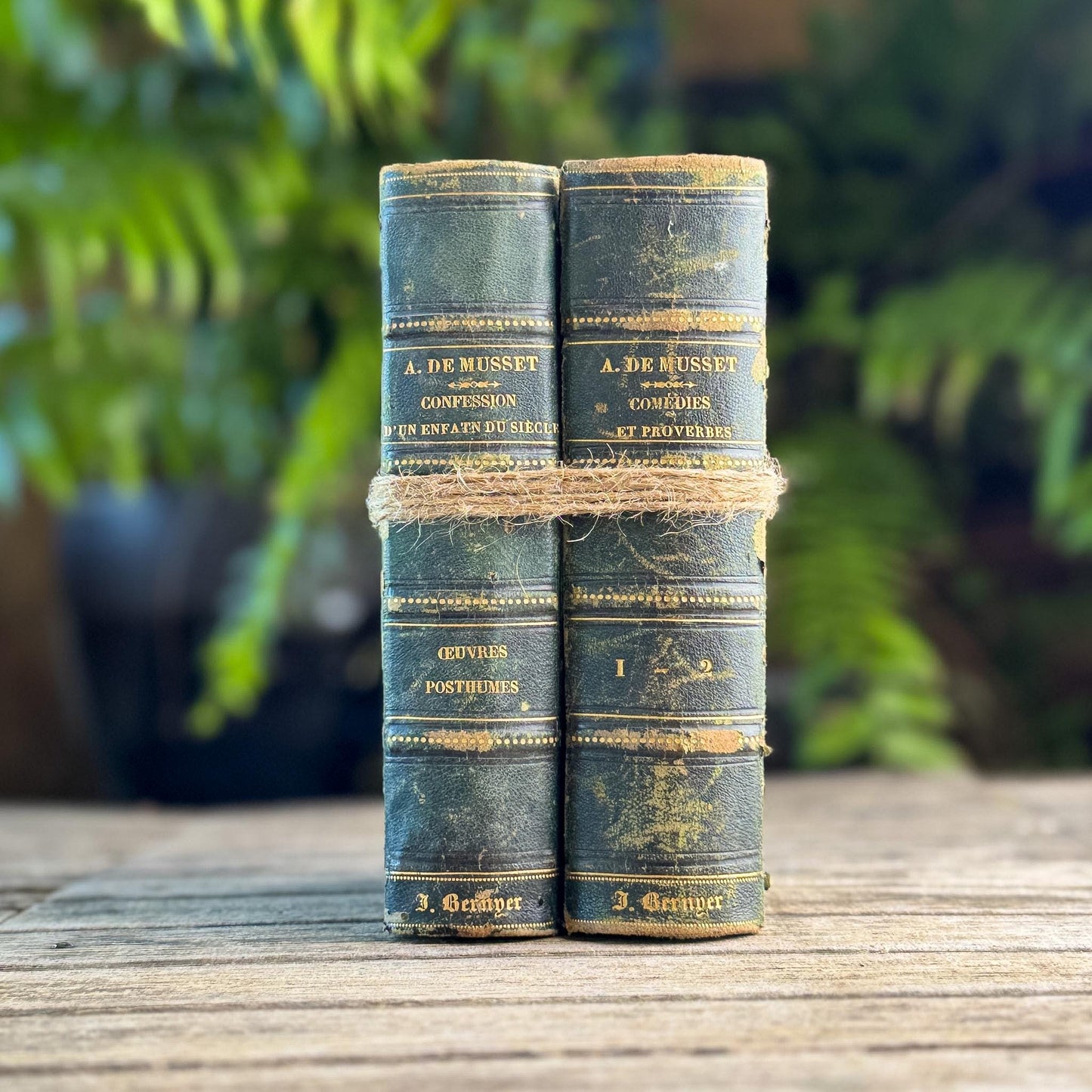 French Antique Alfred de Musset Book Set, 1863-1864, Dark Green Half Leather with Gilt Spines
