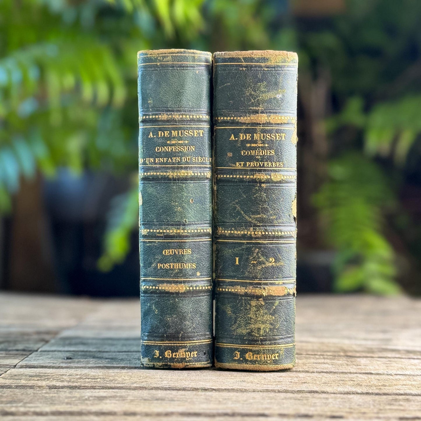 French Antique Alfred de Musset Book Set, 1863-1864, Dark Green Half Leather with Gilt Spines