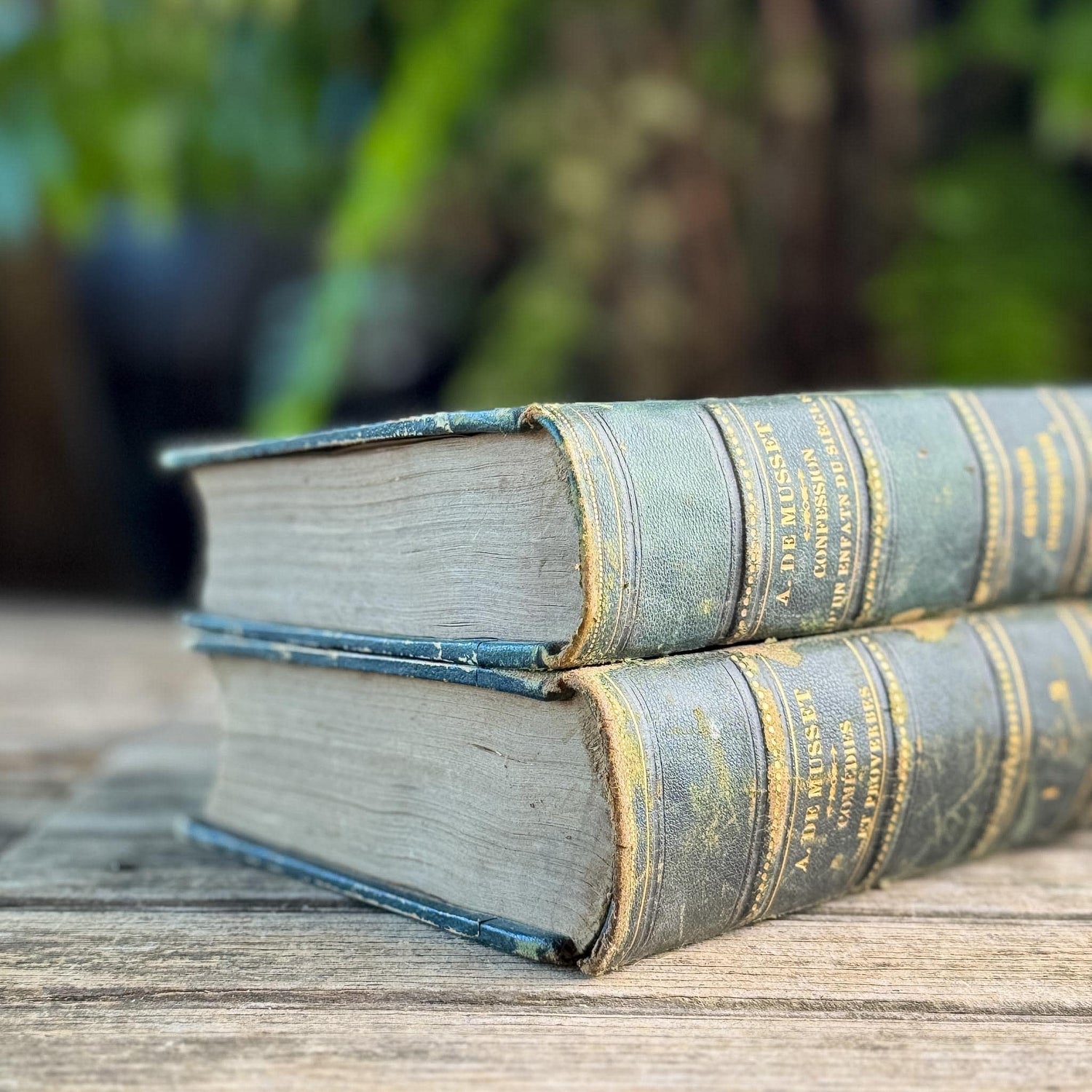 French Antique Alfred de Musset Book Set, 1863-1864, Dark Green Half Leather with Gilt Spines