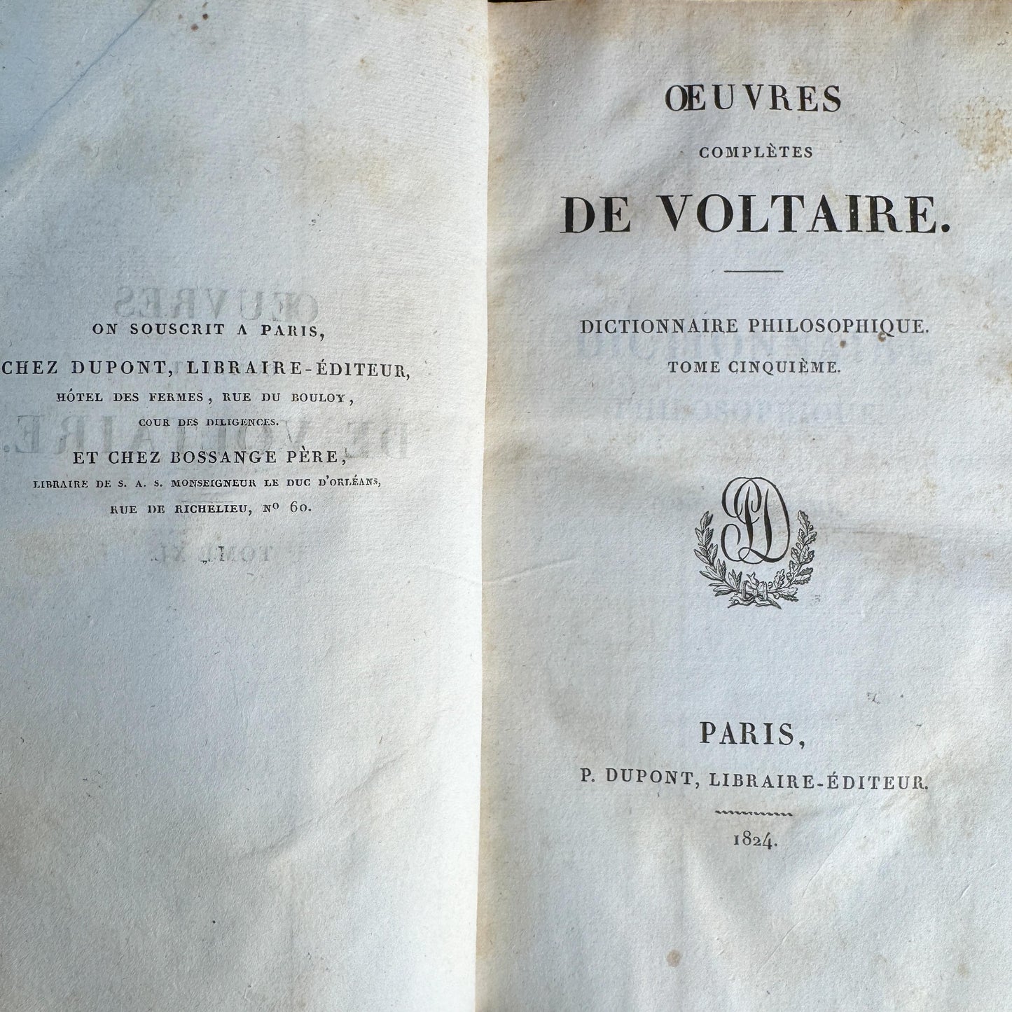 Antique Leather-Bound Voltaire Books in French, 1824, Gold Black and Brown