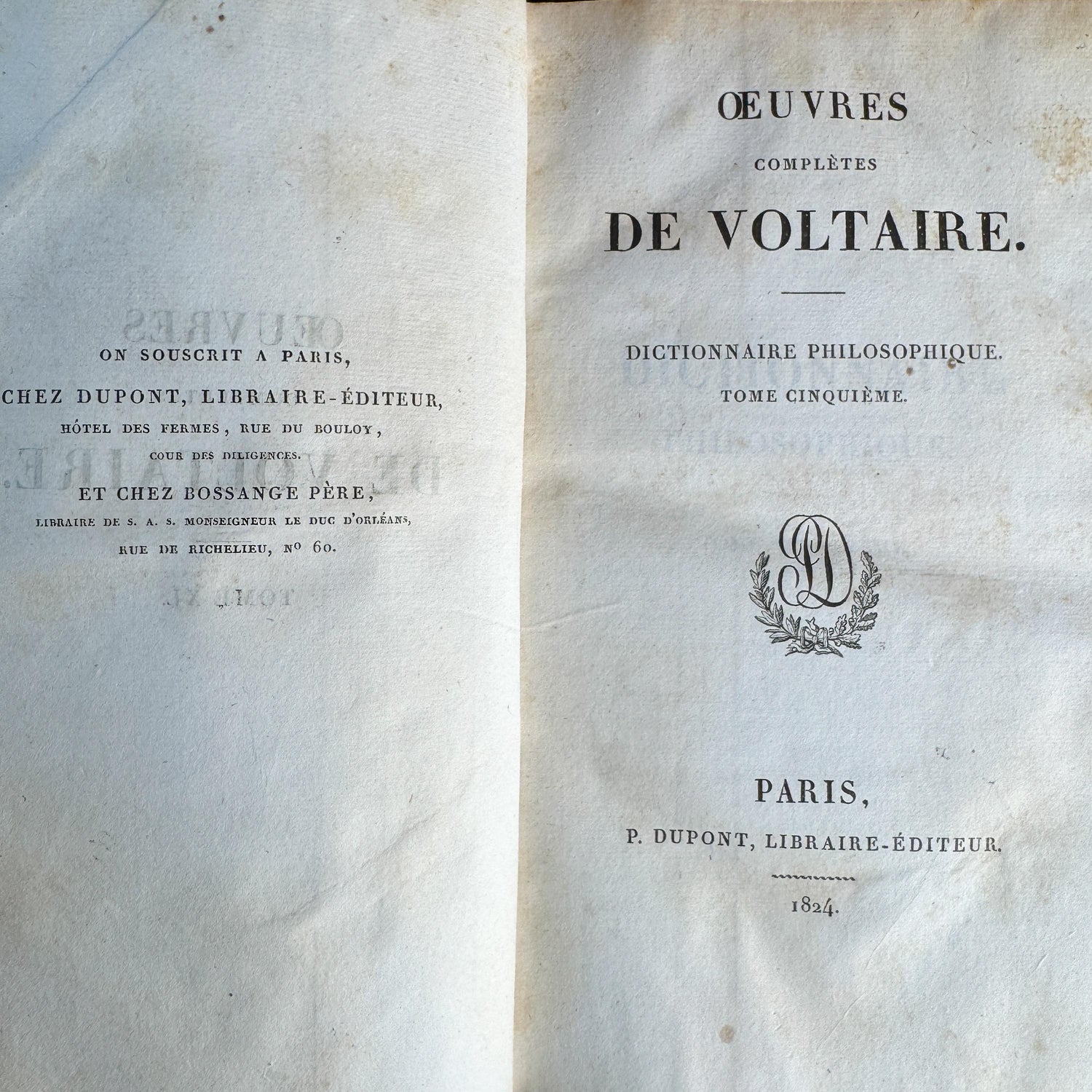 Antique Leather-Bound Voltaire Books in French, 1824, Gold Black and Brown