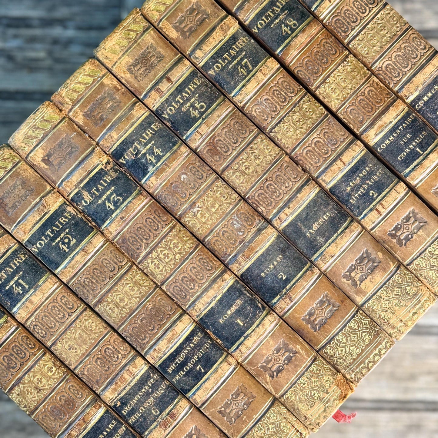 Antique Leather-Bound Voltaire Books in French, 1824, Gold Black and Brown