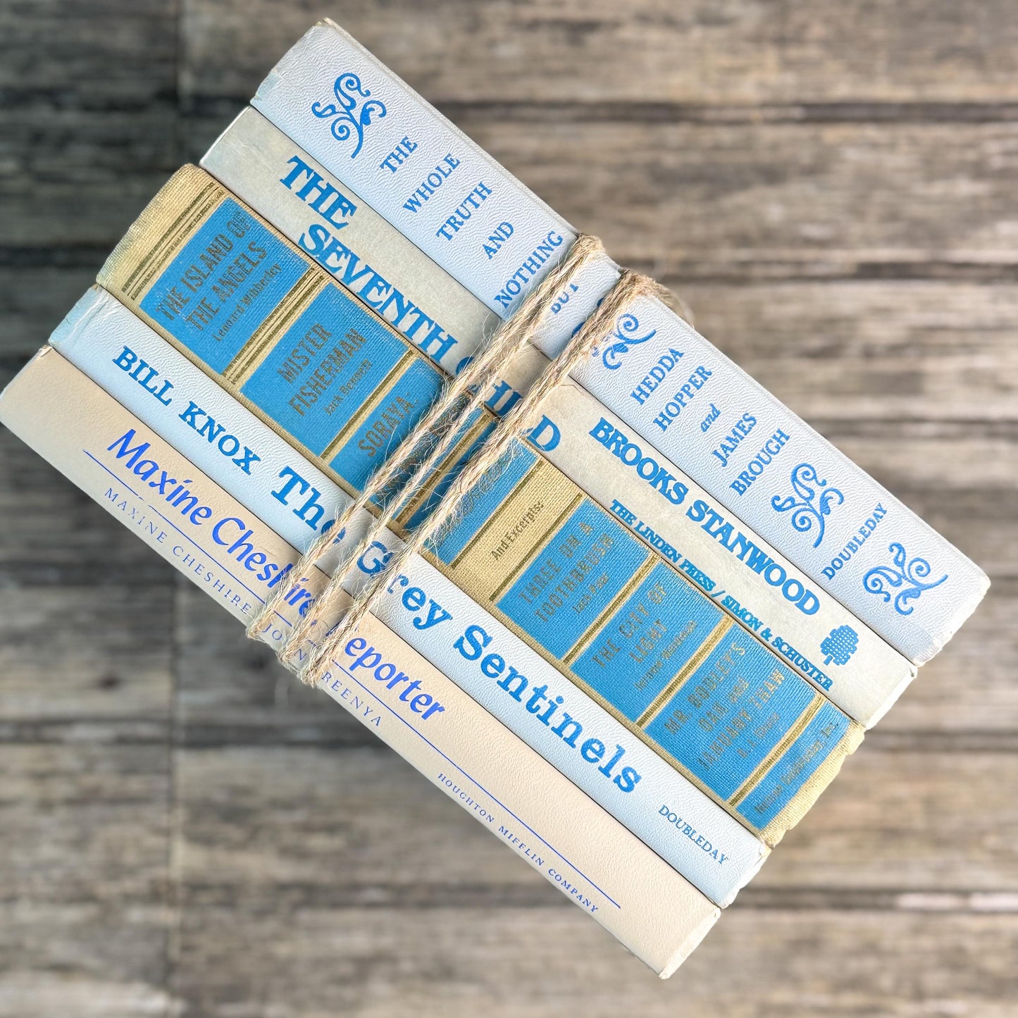 Vintage Tan, Gray, and Blue Book Set for Feminine Mid Century Shelf Styling